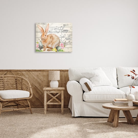 Stupell Industries Spring Floral Happy Easter Bunny Canvas Wall Art
